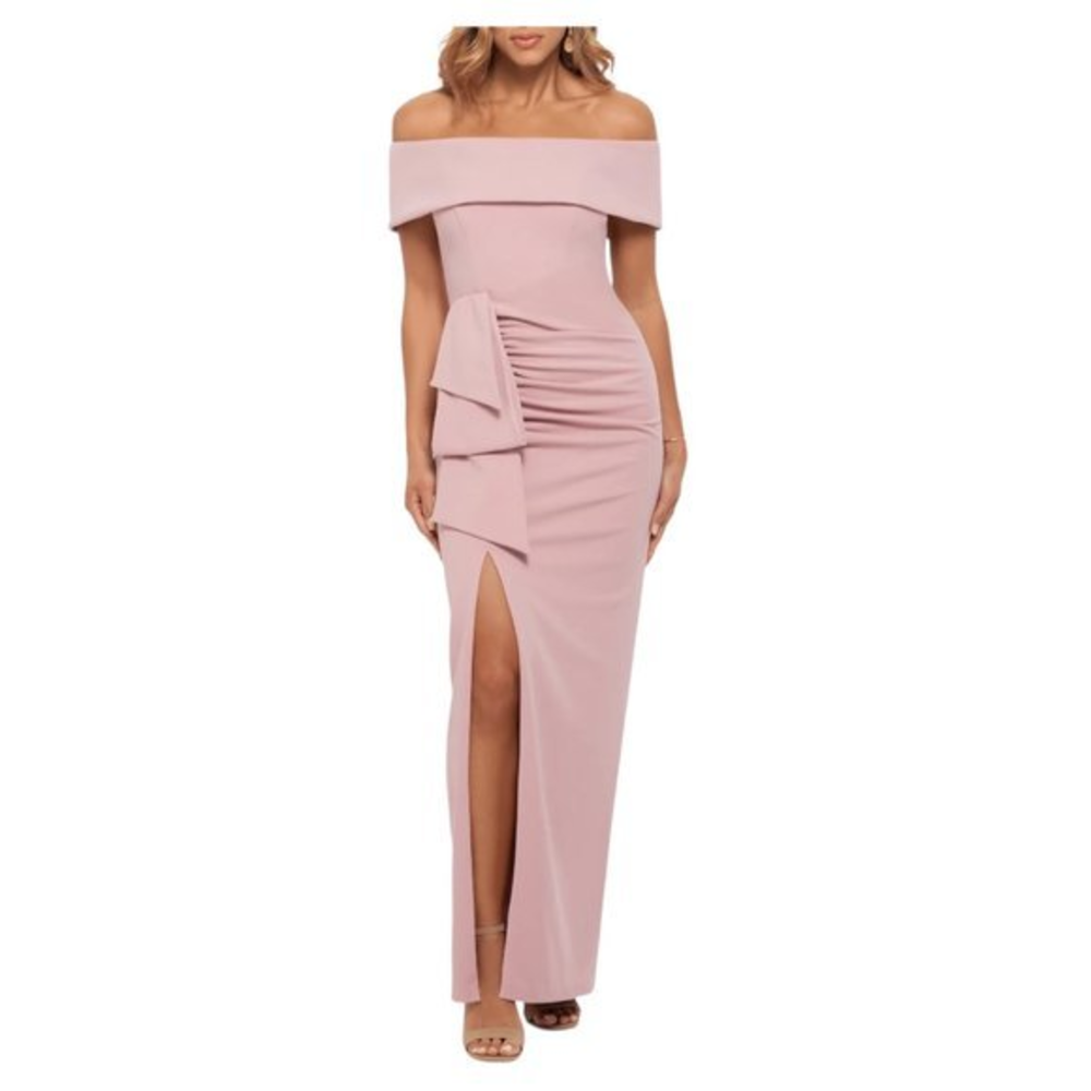 XSCAPE Off‎ the Shoulder Crepe Evening Gown in Rose (8)